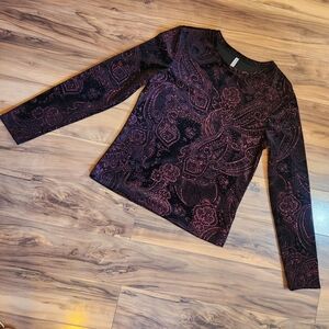 White Stag Whimsigoth Glitter Red Pattern Black Velvet Long Sleeve Top Size S